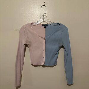 Two-Tone Pink and Blue Ribbed Cardigan